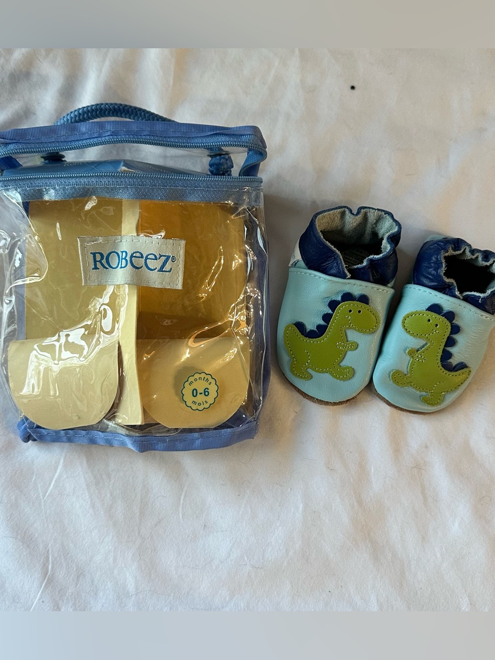 Like New Robeez Light Blue & Green Dinosaur Soft Soles Baby Shoes